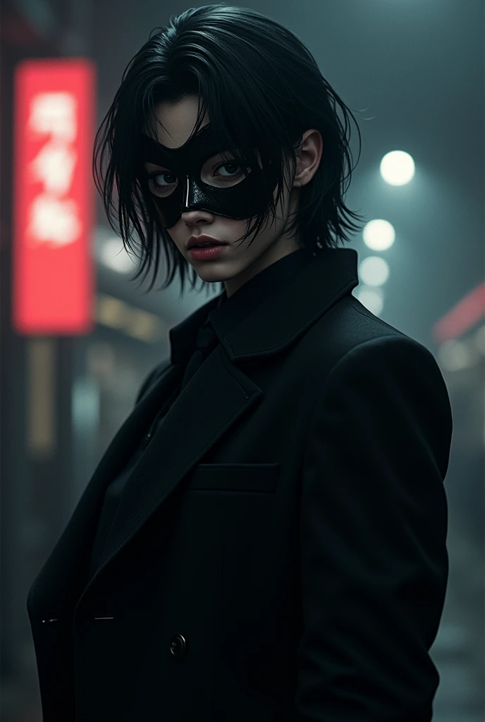 male character, mask, eyes black, medium hair, black suit, anime styling