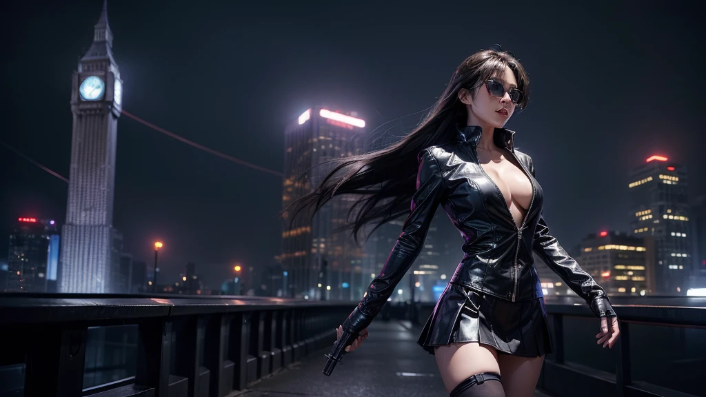 (Wide angle view). City Hunter style city, simple outlined neon tall buildings, glowing giant clock tower, helicopter, lightning, 3D rendering Beeple. At night, (1 girl as Kaori in City Hunter, solo, alone), photorealistic, medium-breast slim:0.6 body, oval:0.5 face, cleavage:1.1, sexy costume with deep-v, low view pleated miniskirt, glove, (Matrix style black micro sunglasses), ((aiming viewer with a short gun)), (running pose), (half-body thigh level close-up shot), cinematic lighting, ray tracing.