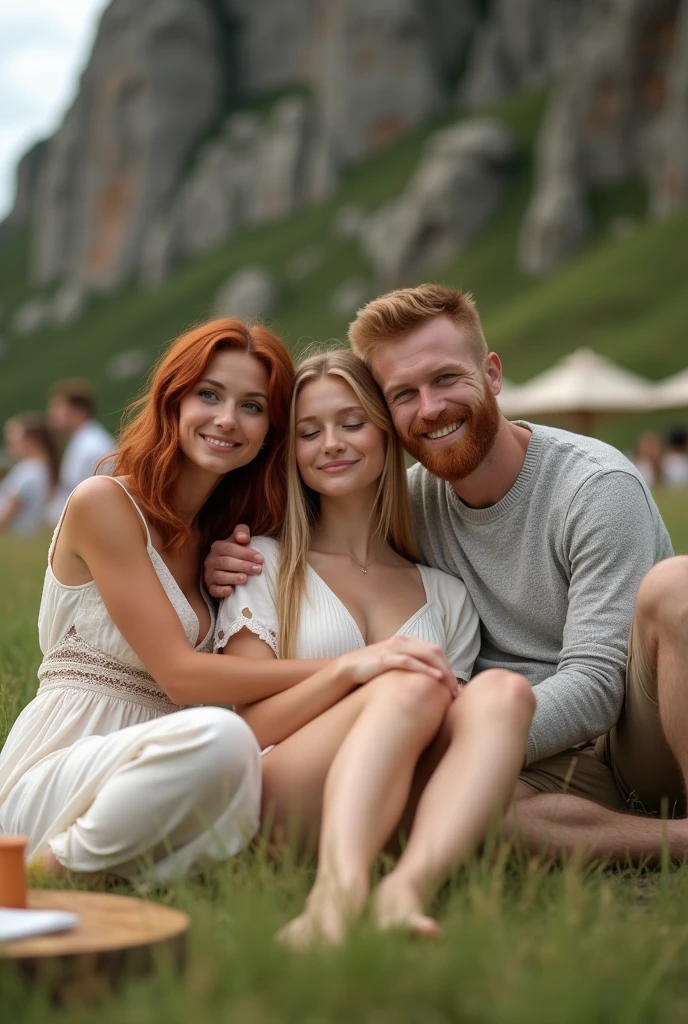 (photorealism:1.2), Candid outdoor photo of three people sitting closely together in a grassy field with a rocky hill in the background. The person on the left is a woman with medium skin tone, long red hair, and is wearing a white dress with lace trim. The person in the middle is a woman with fair skin tone, long blonde hair, and is wearing a white outfit, smiling with her eyes closed. The person on the right is a man with fair skin tone, short red hair, an American buzz cut, a well-defined beard, and is wearing a light gray sweater, smiling with his eyes closed and his arms around the person in the middle. The background includes a few other people and picnic items, suggesting a casual and relaxed atmosphere.