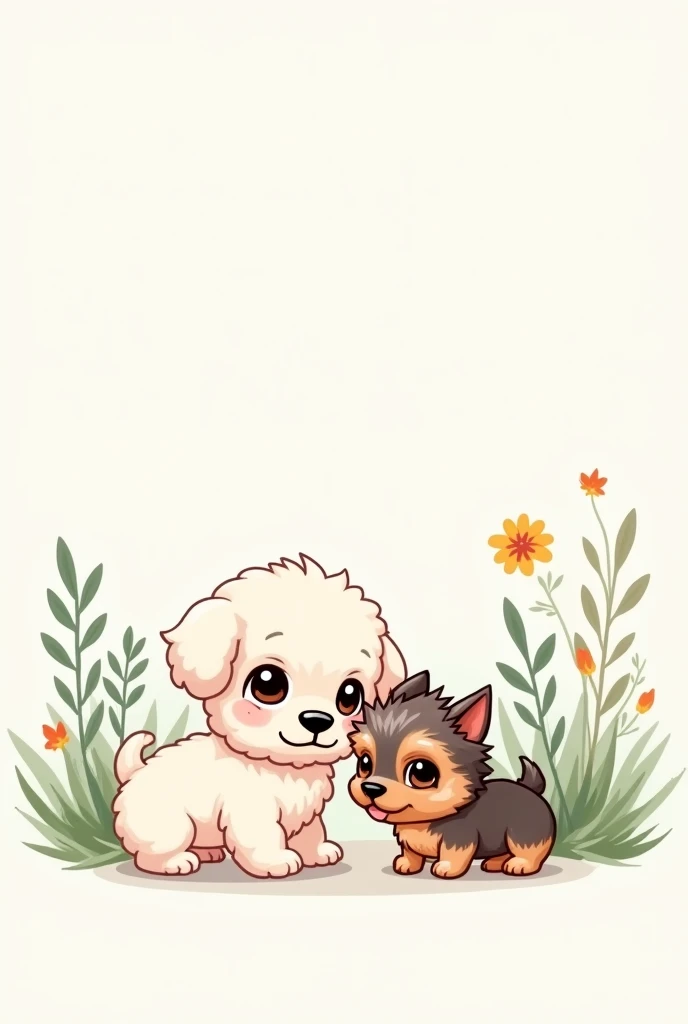 Prompt for illustration:
styled: Chibi Characters:
Little puppies:
White Poodle with Dark Brown Eyes.
Yorkshire with short, spiky hair and upturned ears, with brown fur with some black and gray. She is a little smaller than the poodle.
Scenario: White background with subtle nature elements, like green leaves, small shrubs and maybe some flowers.