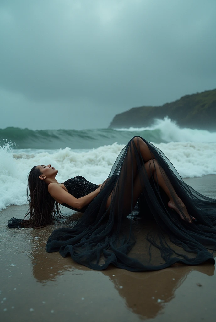 Slim supermodel in a sheer haute couture dress lying on the breaking waves on a rainy afternoon at the beach, with the wet dress clinging to her body.
