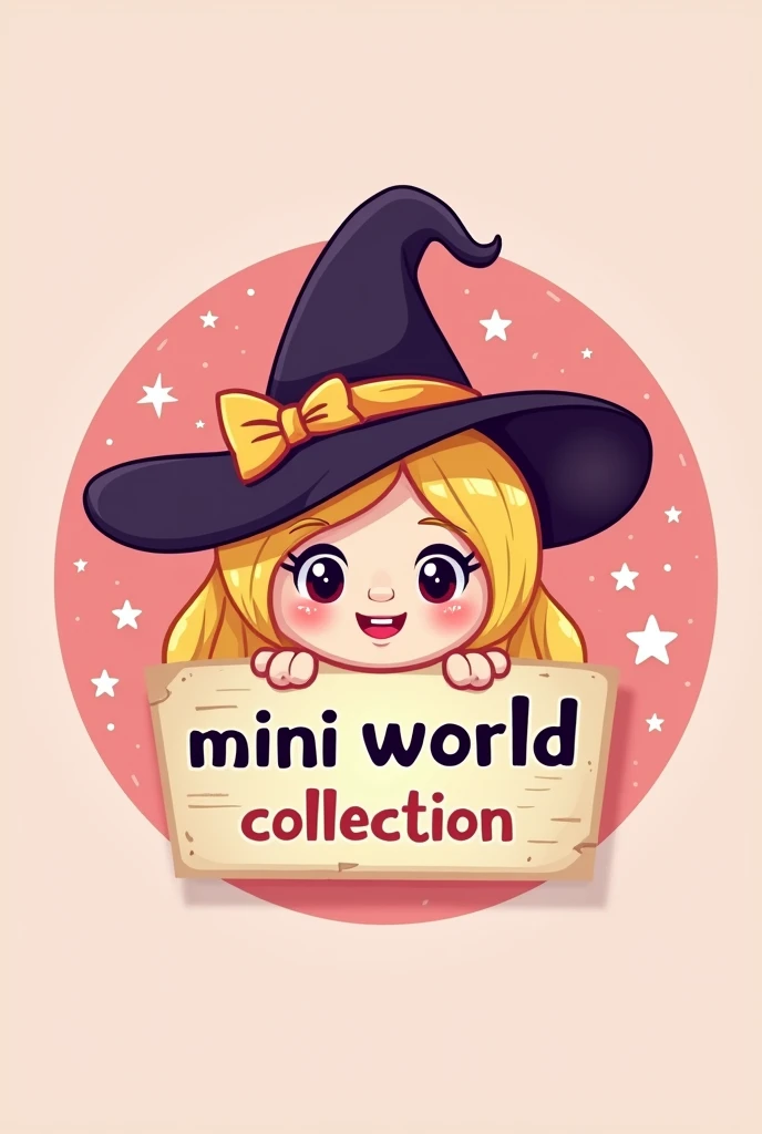 Create a logo drawn with the face of a cute witch with a sign that says:MINI WORLD COLLECTION
Let the witch be blonde
Put the drawing in a circle shape and put stars on it
Let the background of the circle be pink.vuleve a hacer esta imagen pero que el cartel diga: MINI WORLD COLLECTION