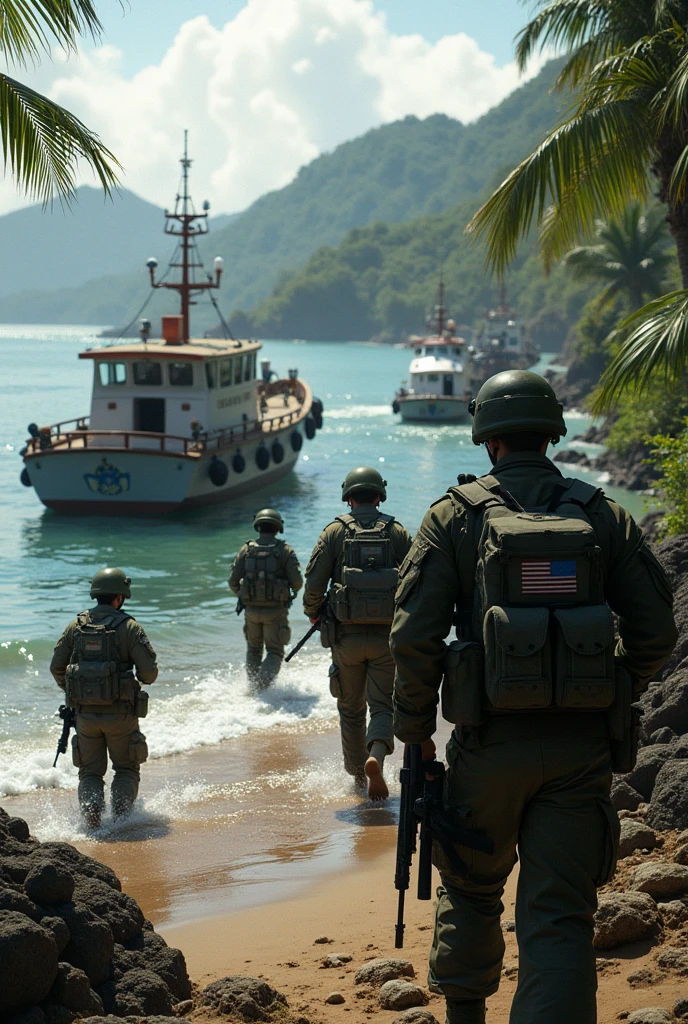 Soldiers dressed as armed United States arriving in Bahia dos Porcos.