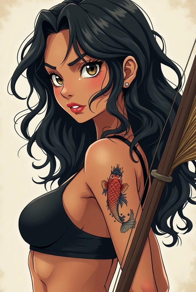 Anime girl, with brown skin tone, big boobs, brown eyes, small eyes, wavy black hair, and a small tattoo of koi fish make it cooler. DO NOT MAKE HER WEAR A BRA, just sleeveless. FIERCE LOOK and she should have a archery in her back. Side view