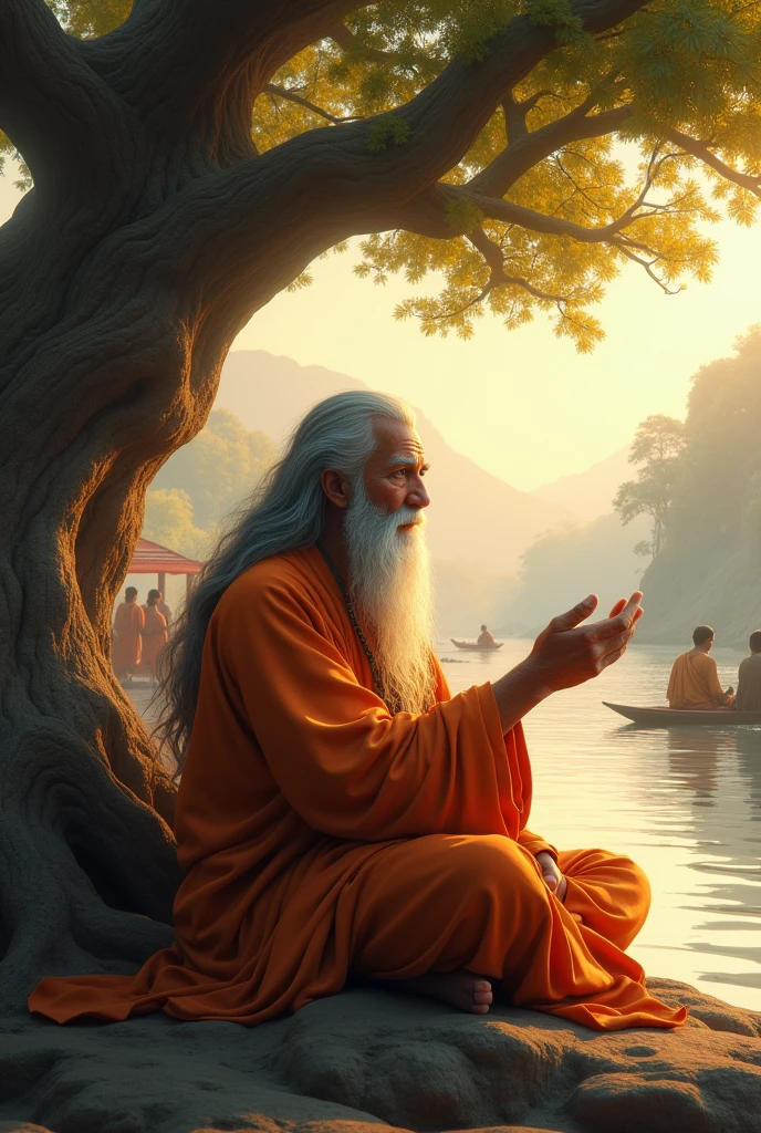 A wise guru dressed in orange sits beneath a large, ancient tree, holding out his hand as if imparting wisdom. His long, gray hair and beard flow freely, adorned with traditional markings on his forehead. While the man wearing a turban and a vest over a long shirt appears contemplative. In the background, a calm river reflects the soft light of the sunset, with a few figures in a boat and other people gathered on the shore, creating a serene atmosphere of knowledge and learning