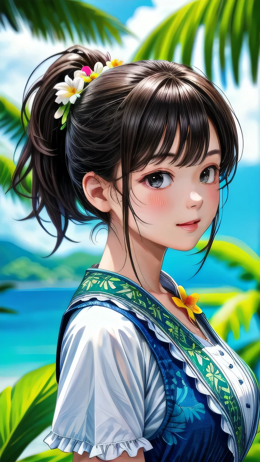 Ultra-realistic scenes, Parallel world, God-like tropical exotic plants, cult, Tropical flowers, Unusual art, Unique art, Summer blue sky background, sunlight, bright sunlight, Blender, Product Rendering, High quality 8K. 1girl, Cute 1 girl、White garter set、((Upper body portrait))、Upper body portrait、masterpiece, 最high quality, high quality, High resolution, super big breasts sexy、(Hairstyle_ponytail)