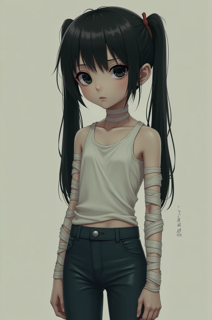 Girl with two long pigtails, bandages on her arms, glasses, black eyes, light skin, thin clothes, emo pants