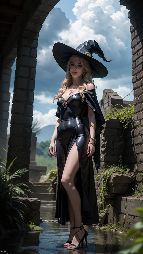 (Numerous award-winning masterpieces of, With incredible details, textures and maximum detail), (Ultra photo realsisim:1.4), (Realistic:1.3), (best quality real texture skin), ((medieval world)), finely quality eyes, finerly detailed face, (((The witch's old black hat))), (Slim witch in white), (Slim female wizard in white), (Slim witch in black), (slim female wizard in black), Gentle eyes, ((perfect and beautiful fingers)), ((perfect and beautiful arms)), (She has a mischievous smile on her face:1.4), Friendly and girlish face, (The devil dances overhead), Glass earrings on the ears, (Dramatic photo:1.6), Shining majestic lightning storm cloud mass and sky, halo optical phenomenon, Anti-Sacred Light, Twilight, Sunset, Dusk, (Dramaticlight), (A majestic sight), (Her expression was calm and gentle,Tremendously beautiful,but somehow terrifying), (A noble gesture), (Golden hair, Silver hair, Maroon hair), ((full-body portraits)), ((head looking up)), ((Looking down)), (full-body standing image:1.5), (She had a simple necklace around her neck,The workmanship is evil and delicate), Purgatory Altar, Old ruins infested with plants, The Great Temple of the Devil, great cathedral, The Devil's Grand Shrine, Temple ruins, detached temple, Magical Circle, Ancient Castle Site, Deserted ruins, crumbling ruins, Ancient ruins with clear water, wavelets, running water,Flushed complexion,Desire for dissatisfaction,frontage,Correct anatomy,Detailed face, Detailed eyes,