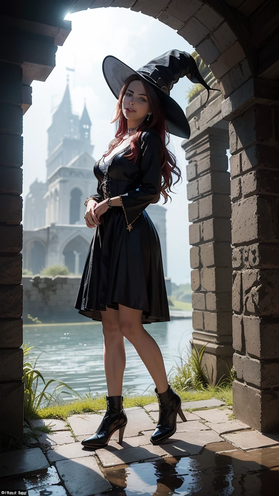 (Numerous award-winning masterpieces of, With incredible details, textures and maximum detail), (Ultra photo realsisim:1.4), (Realistic:1.3), (best quality real texture skin), ((medieval world)), finely quality eyes, finerly detailed face, (((The witch's old black hat))), (Slim witch in white), (Slim female wizard in white), (Slim witch in black), (slim female wizard in black), Gentle eyes, ((perfect and beautiful fingers)), ((perfect and beautiful arms)), (She has a mischievous smile on her face:1.4), Friendly and girlish face, (The devil dances overhead), Glass earrings on the ears, (Dramatic photo:1.6), Shining majestic lightning storm cloud mass and sky, halo optical phenomenon, Anti-Sacred Light, Twilight, Sunset, Dusk, (Dramaticlight), (A majestic sight), (Her expression was calm and gentle，Tremendously beautiful，but somehow terrifying), (A noble gesture), (Golden hair, Silver hair, Maroon hair), ((full-body portraits)), ((head looking up)), ((Looking down)), (full-body standing image:1.5), (She had a simple necklace around her neck，The workmanship is evil and delicate), Purgatory Altar, Old ruins infested with plants, The Great Temple of the Devil, great cathedral, The Devil's Grand Shrine, Temple ruins, detached temple, Magical Circle, Ancient Castle Site, Deserted ruins, crumbling ruins, Ancient ruins with clear water, wavelets, running water，Flushed complexion，Desire for dissatisfaction，frontage，Correct anatomy，Detailed face, Detailed eyes，