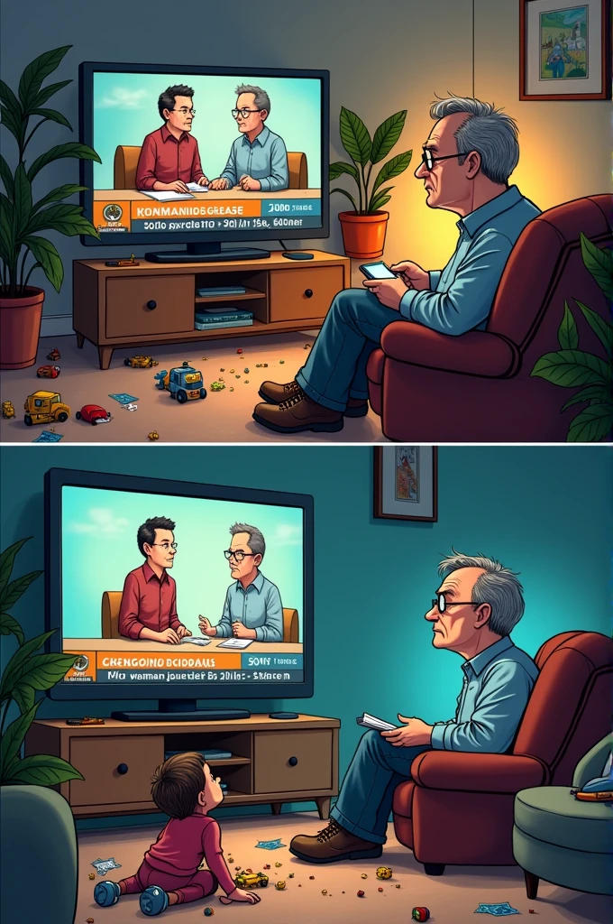 Create a cartoon where in the first frame a man is watching TV in a living room, where there is a playing on the floor, and on TV there is news about a woman who was attacked, and the man thinks it's wrong, In the next cartoon the child breaks a toy and the man is about to attack him.