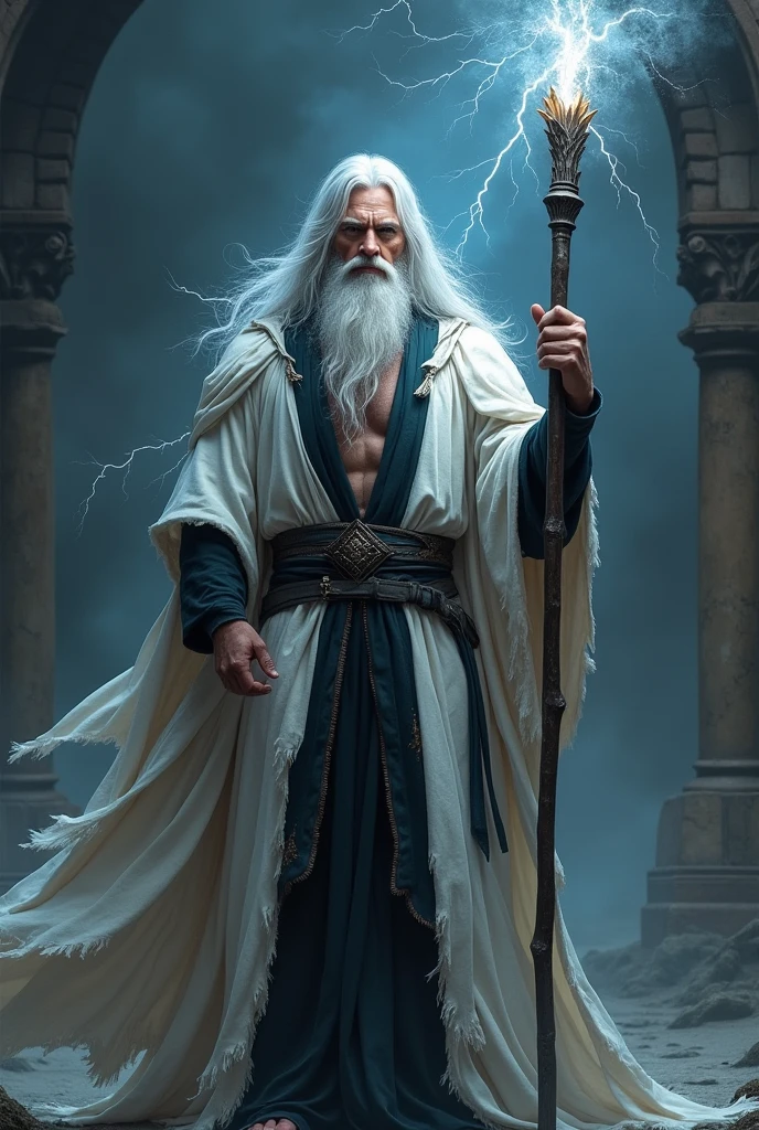 super powerful wizard, brawny, powerful and intimidating posture, long grayish white hair and beard, white flared and torn tunic with black details, open in the middle, DARK LIGHTNING starting from his body and eyes, long uprigt standing staff with dark flame in the top. the color of his power is BLACK