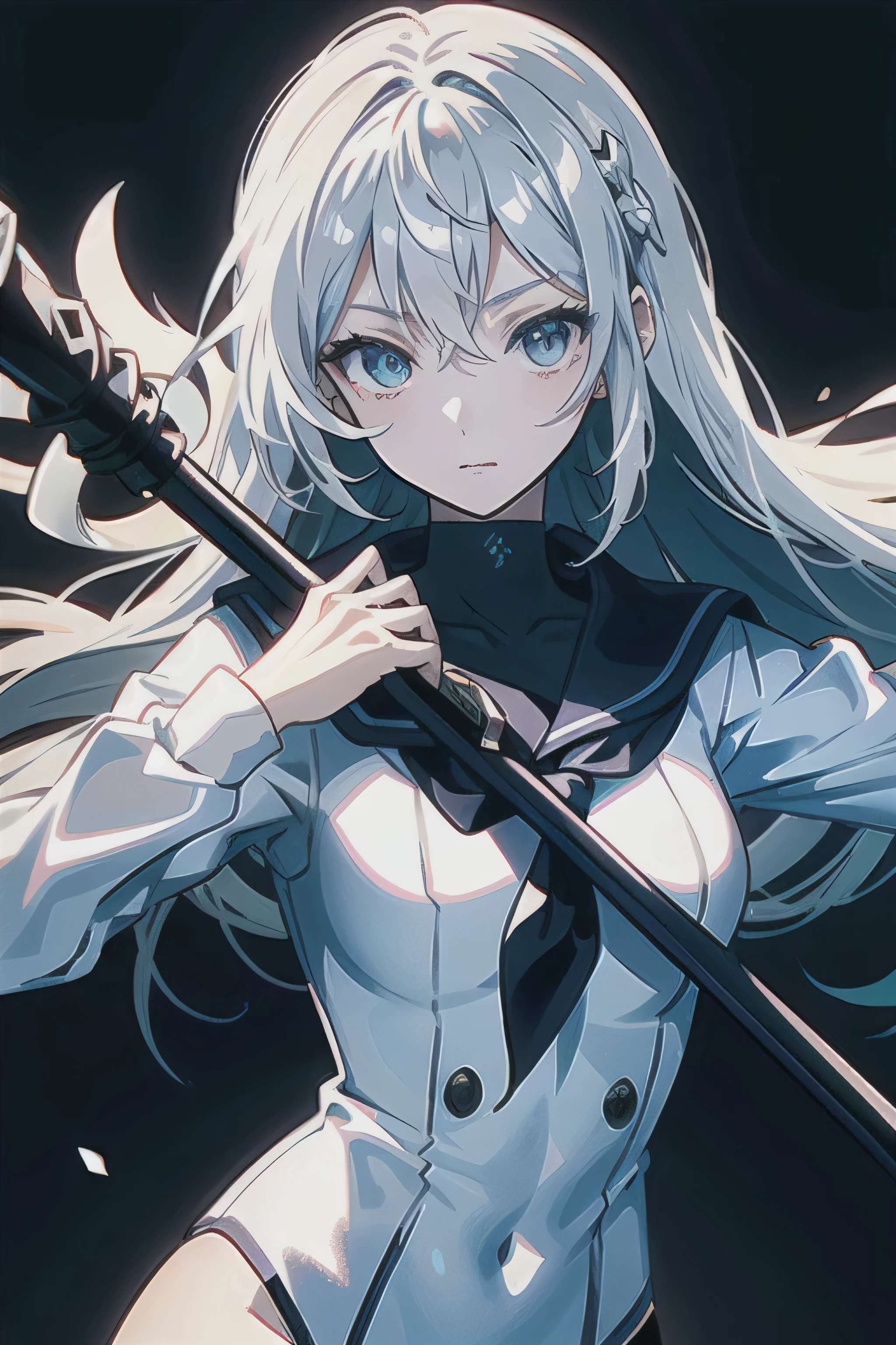 (masterpiece), (best quality), (highest Quality), (Ultra detailed), (highest Resolution), 8K, anime style, beautiful face, ultra detailed face, beautiful and detailed eyes, looking at viewer, a teenager lady, (white and long hair:1.2), office suit, (navy eyes:1.2), swinging a spear, urban, shadow
