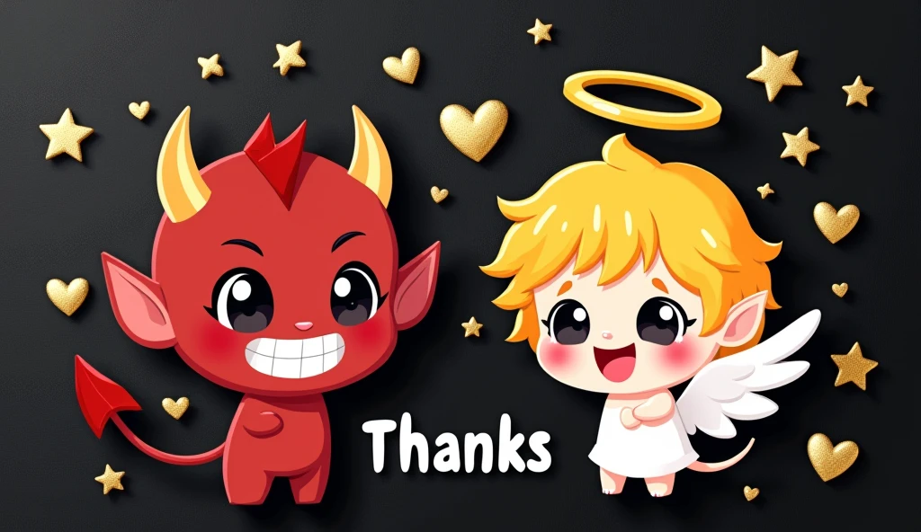 chibi, kawaii, cute, a devil with a wicked smile and an angel with a kind smile, with the word "Thanks" written between them, background black construction paper, golden hearts and shooting stars scattered all over