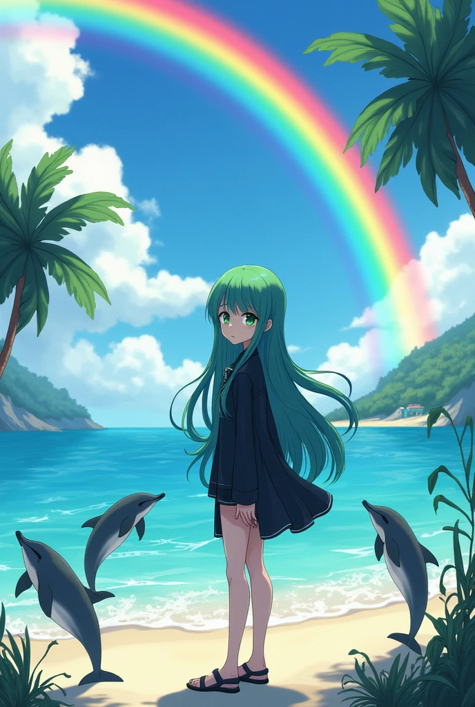 Rainbow dolphins, in a beach, bright rainbow in the background, Bright sea, anime girl, Long green hair, green eyes, Pale skin, long black shirt, black shorts, sad face