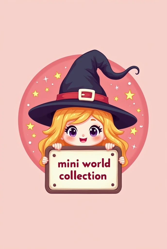 Create a logo drawn with the face of a cute witch with a sign that says:MINI WORLD COLLECTION
Let the witch be blonde
Put the drawing in a circle shape and put stars on it
Let the background of the circle be pink.vuleve a hacer esta imagen pero que el cartel diga: MINI WORLD COLLECTION