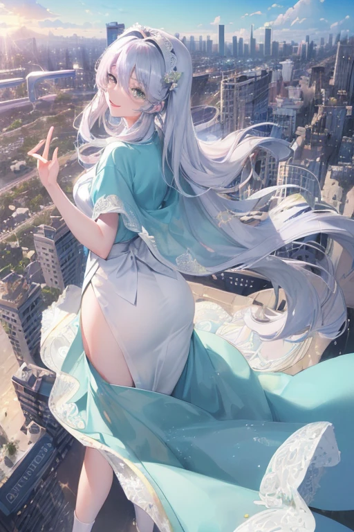 Official Art, masterpiece, Clear focus, (Beautiful, gorgeous and lovely Korean woman:1.3), (Beautiful and cute Korean:1.3), Korean beauty, Exquisite and beautiful hair、Eyes and face, Practical, Extremely detailed, beautiful girl, Blue sky, Glowing white particles, (Side Light:1.2), Sunlight, White Cloud, Detailed clouds, slim, Very cute big and big butt, Smile with teeth bared, ((Smile with your eyes, Open your eyes)), landscape, Long and straight hair, Sexy facial expressions, architecture, (city View:1.7), Dynamic Hair, very Long and straight hair, Detailed platinum silver hair, Green eyes, Pink skirt, White socks, Pale skin, Hair accessories, epic landscape,