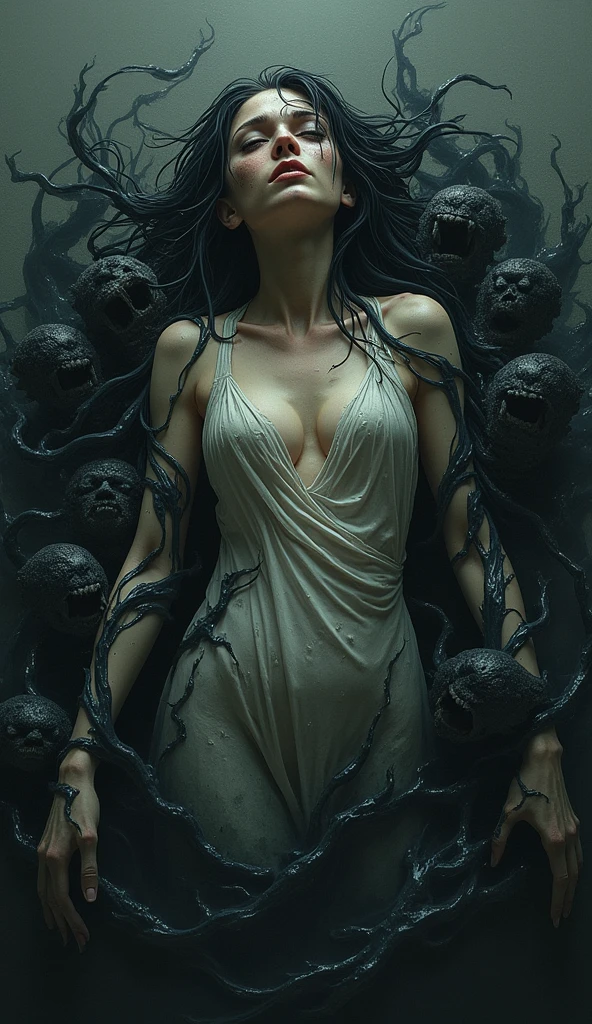 a suffering goddess facing the viewer, laying in a black liquid that forms monsters, she sinks into it