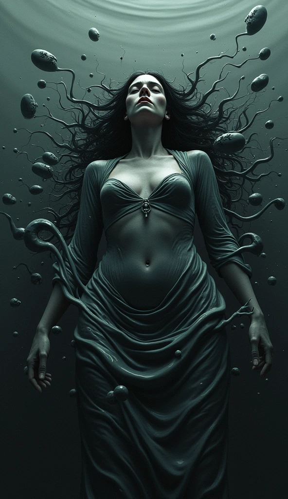 a suffering goddess facing the viewer, laying in a black liquid that forms monsters, she sinks into it