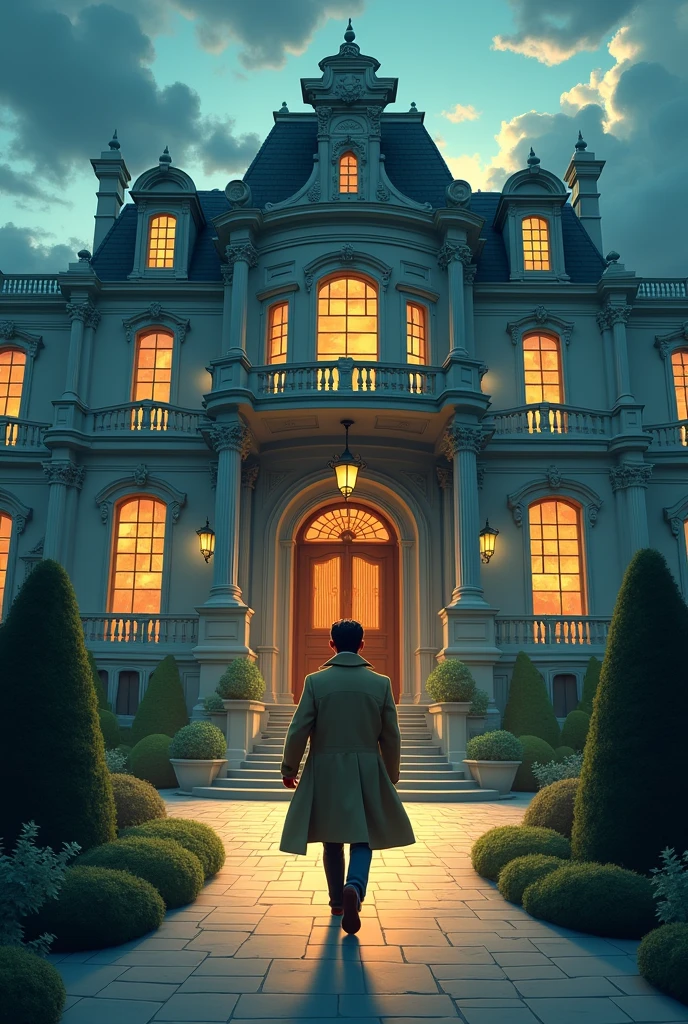 Detective arriving at lady&#39;s mansion in animated style 