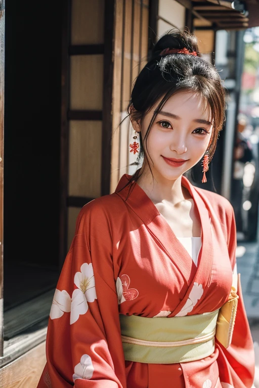 (Two pure Japanese girls,), (Small breasts:1.5,),(alone,,Textured skin, Detailed skin,Detailed face,Detailed eyes,detailed posing,Natural eyebrows,Sparkling eyes,Attention to detail, Highest quality, Very detailed, Surrealism, ,8k,RAW Photos,Photographicism,Professional Lighting,Ray Tracing,Portrait Photography,Soft Light),((Black Hair, Natural Makeup,Simple Earrings, Bun Hair,smile)),(((Red-themed kimono,Walking around the old town,Eating around)))