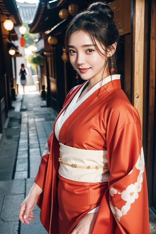 (Two pure Japanese girls,), (Small breasts:1.5,),(alone,,Textured skin, Detailed skin,Detailed face,Detailed eyes,detailed posing,Natural eyebrows,Sparkling eyes,Attention to detail, Highest quality, Very detailed, Surrealism, ,8k,RAW Photos,Photographicism,Professional Lighting,Ray Tracing,Portrait Photography,Soft Light),((Black Hair, Natural Makeup,Simple Earrings, Bun Hair,smile)),(((Red-themed kimono,Walking around the old town,Eating around)))
