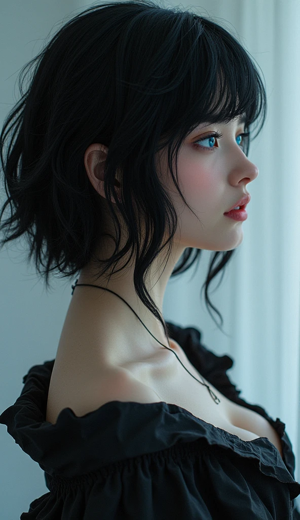 Highest quality, masterpiece, Black Hair, blue eyes, profile, Upper Body