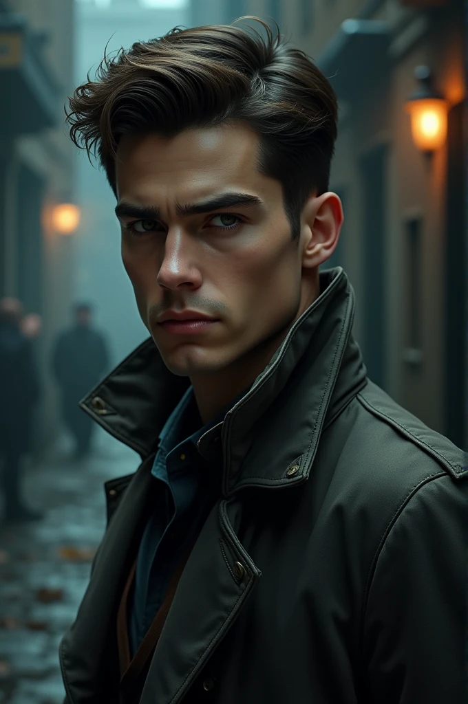 Young detective man, handsome, stern face
