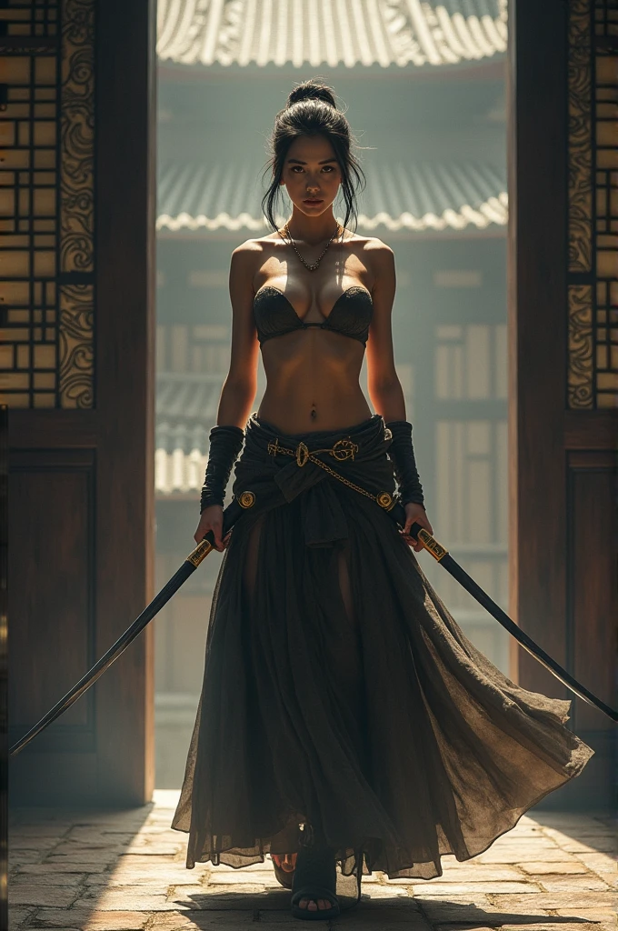 A naked samurai woman with a katana in her arms in a castle in Japan