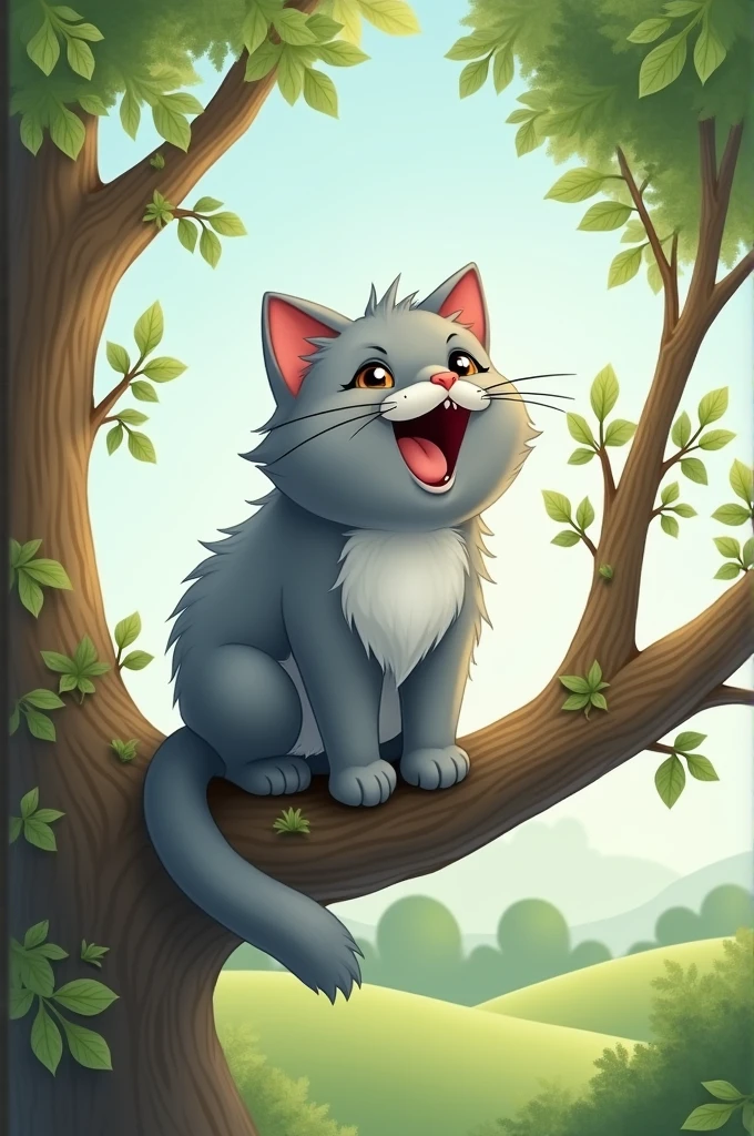 Can you make me a Gray Cat singing in a tree cartoon?
