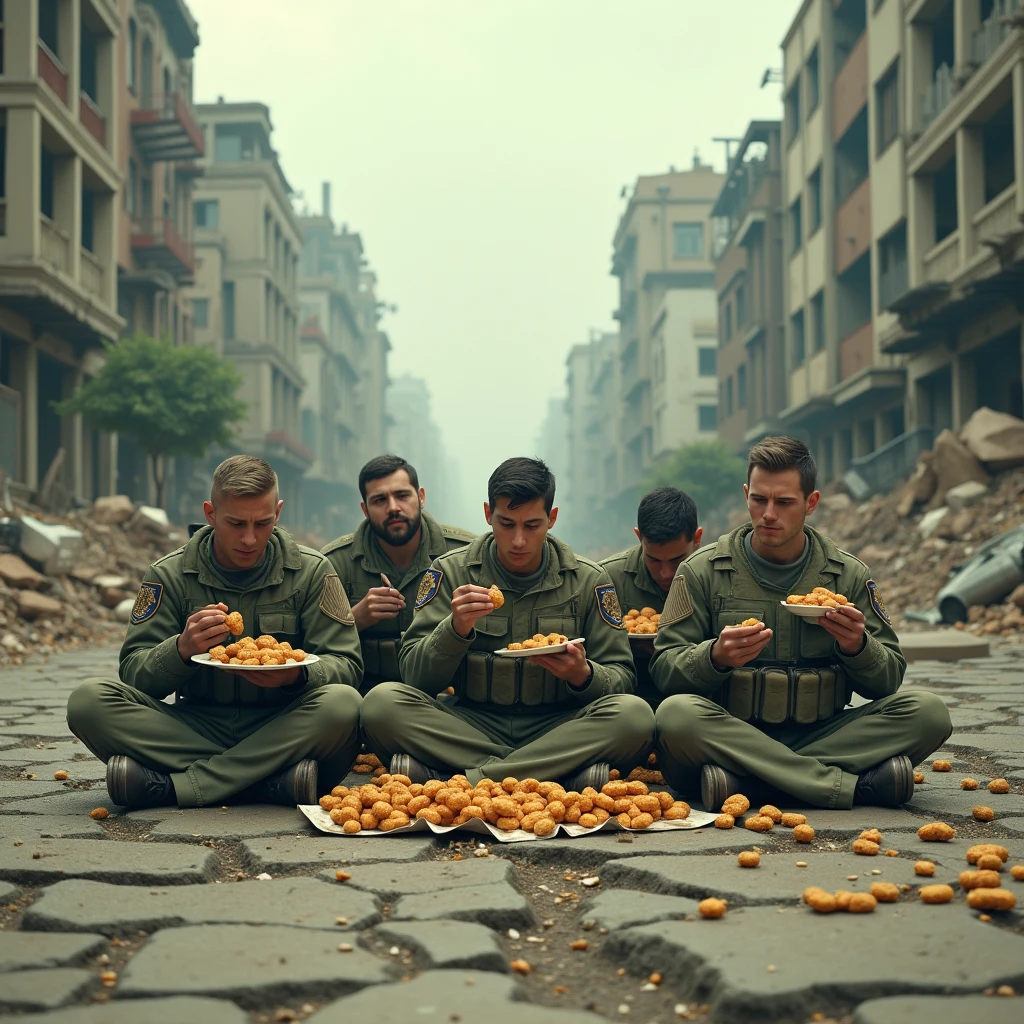 Draw soldiers eating chicken nuggets in the middle of a destroyed city