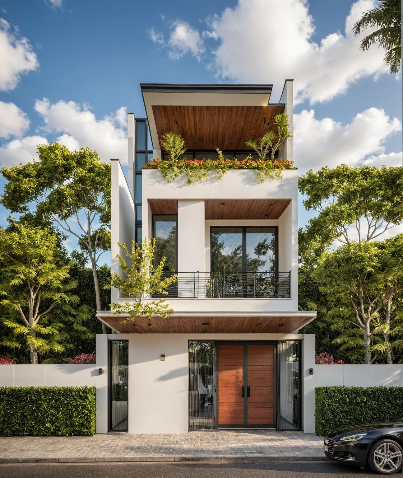 Masterpiece, high quality, best quality, authentic, super detailed, outdoor, aiaigroup, modern townhouse style, white wall, iron gate, wood ceiling, arched door, use lots of curves, flowers, street, there is no house next to it, (curved wall), summer evening, grass, trees, sky, clouds, (daylight: 1.1)