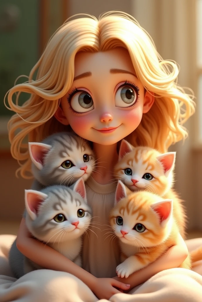 A cheerful looking 3D family mother, with medium, wavy hair, blonde in color. Her skin is fair and she wears a light colored dress that matches her skin and is of happiness.. with a tired expression. She has kittens around her.