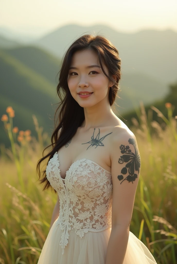 Chinese girl, white skin, shaggy breasts, big breast, 2, happpy face, thick body, sexy body, curvy waist, sunny morning, milky white skin, a butterfly tattoo on the shoulder back, a big flower tattoo on the thigh, there is a tatoo says "Thasya" on the lower arm, sexy transparent bride gown, riding a bihlg horse on the hill, on the green hill, nakeness, full body, beautiful nail arts, showing her white tighs, black hair, straight hair, sexy toe, camera from bottom, full body from toe to head, full body