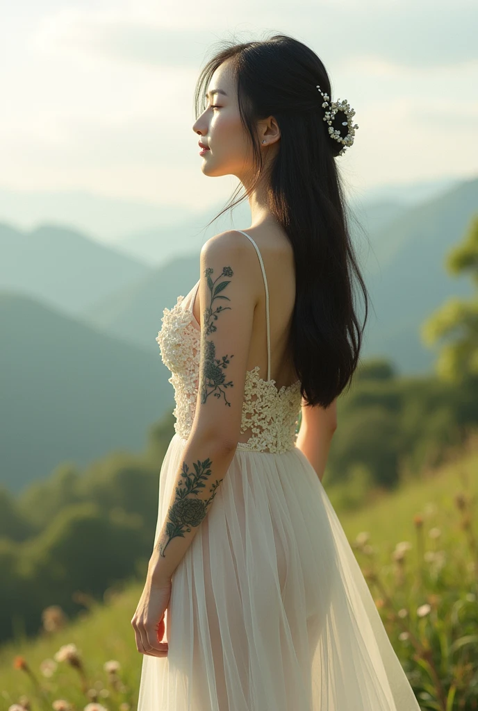 Chinese girl, white skin, shaggy breasts, big breast, 2,  happpy face, thick body, sexy body, curvy waist, sunny morning, milky white skin, a butterfly tattoo on the shoulder back, a big flower tattoo on the thigh, there is a  tatoo says "Thasya" on the lower arm, sexy transparent bride gown, riding a bihlg horse on the hill, on the green hill, nakeness, full body, beautiful nail arts, showing her white tighs, black hair, straight hair, sexy toe, camera from bottom, full body from toe to head, full body