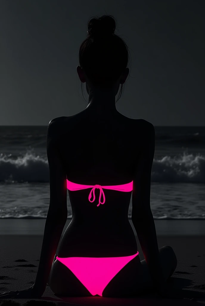 Silhouette of a girl sitting on the beach with a fluorescent pink bikini and everything being black
