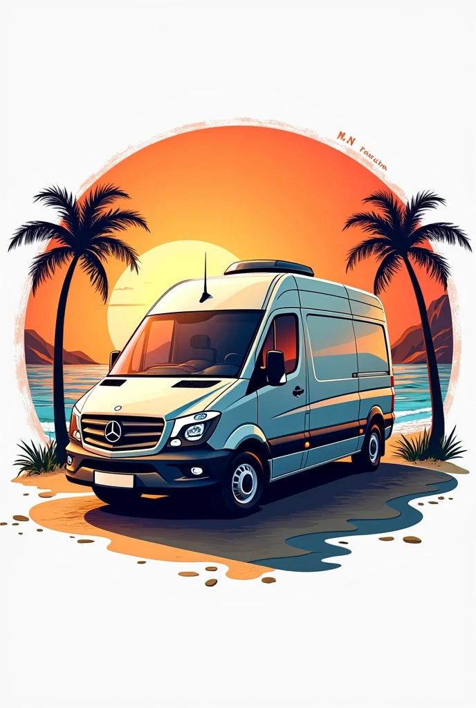 Make a logo with a Sprinter Van,beachfront, sunset and the name M.N TOURISM