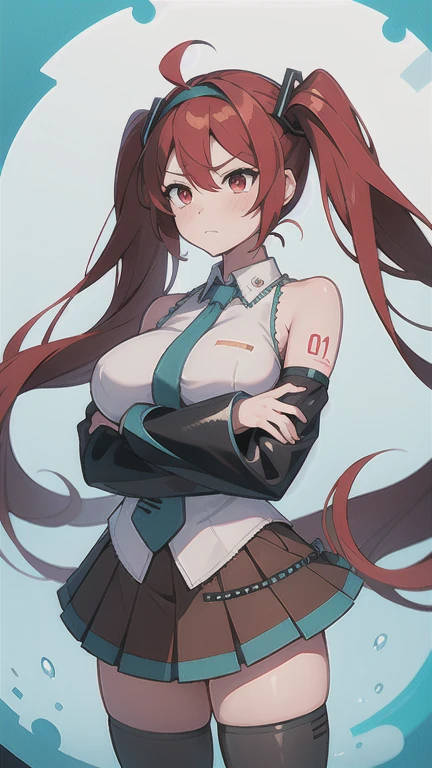 you will be a gray rat, 1 girl, Alone, by the wide, He drowned, Red eyes, Red hair, bare shoulders,hair band, Crossed arms,blush, Skirt, black hair band, old, separate sleeves,hits, hair between the eyes, long sleeves, hair flaps, Closed mouth, black Skirt, brown Skirt, shirt, crossed hits, very by the wide, white shirt,biome,pointing at oneself,Screams,angry, Hatsune Miku, huge breasts