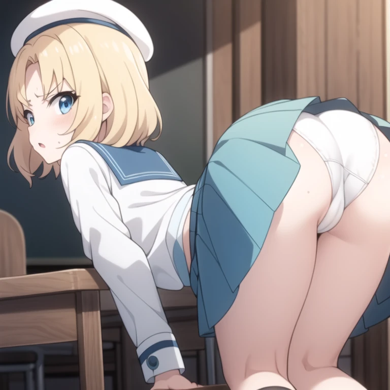 score_9, score_8_up, score_7_up, score_6_up, score_5_up, score_4_up, source_anime, aatomoyo, short hair, blonde hair, beret, white hat, straight bangs, blue eyes, small breasts, serafuku, white sailor collar, white scarf, black shirt, long sleeves, pleated skirt, no skirt, in white panties, classroom, standing, cowboy shot, from behind, lifting her skirt, showing her white panties, on all fours with her ass sticking out towards the camera, sexy position, looking at the viewer with a mean face.