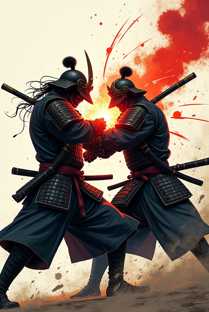 A samurai striking another samurai in the chest in manga style