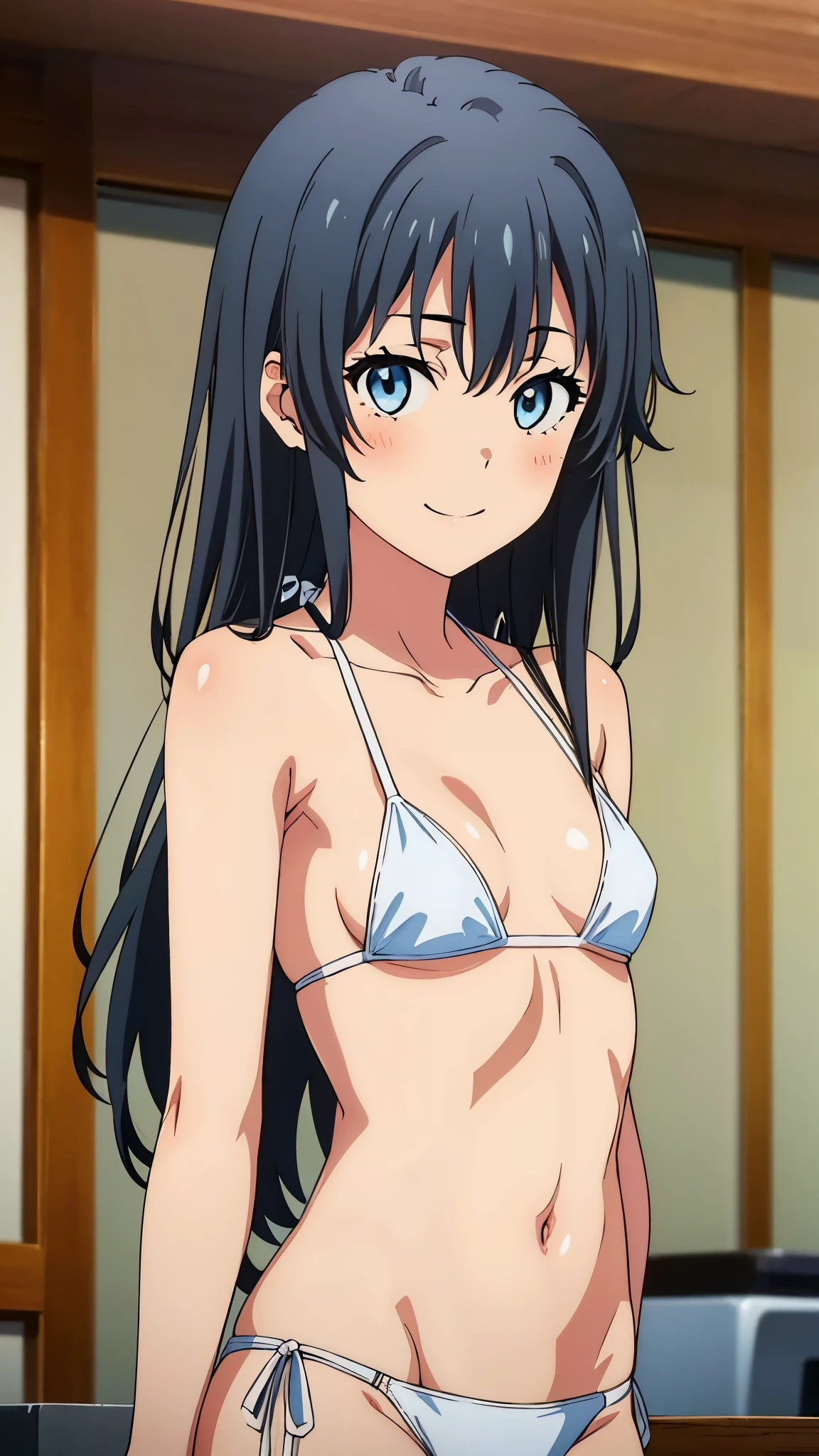 1girl, anime artstyle, masterpiece, highres, solo, 8k, detailed, perfect face, best quality, (ultra high quality), (looking at viewers), (armpit), collarbone, bare arms, bare shoulders, (small breasts), cleavage, black hair, long hair, blue eyes, belly, stomach, navel, abs, micro bikini, white bikini, slim body, slim waist, upper body, closed mouth, smile, blush, at forest, hand up