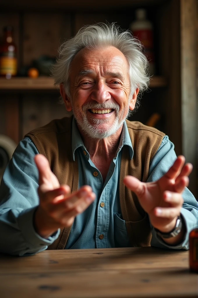 Imagine an old man promoting a shampoo, but put text so that everything is creative and natural
