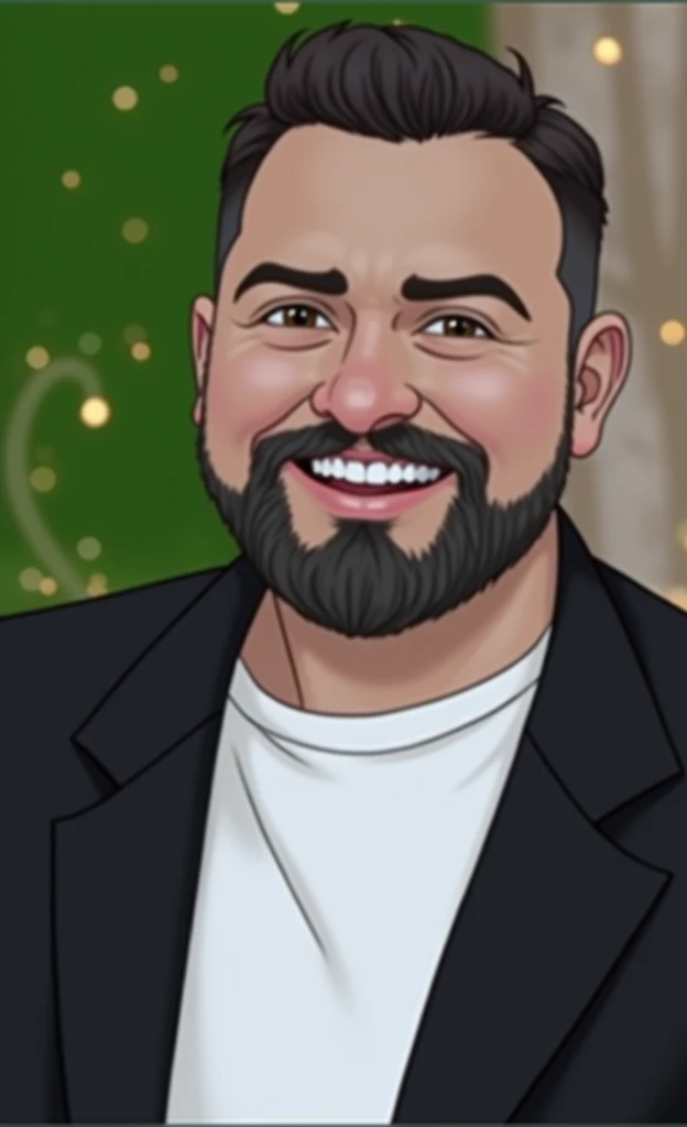 Use the man in the inspiration image, insert a woman into the scene, his wife and 3 children, everyone smiling like a happy family, use a house and trees as a background, create image in Disney character style
