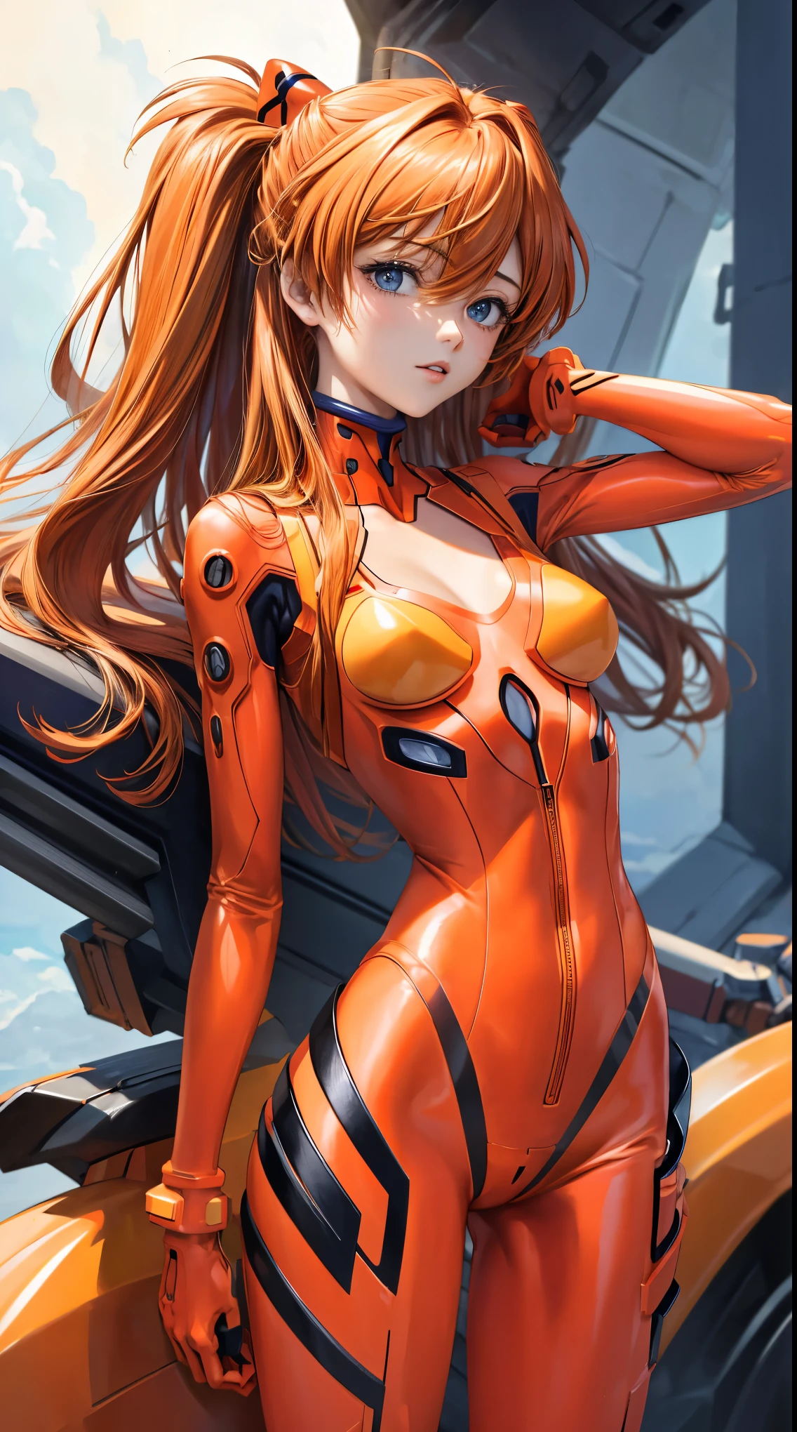 (tmasterpiece, quality, Best quality at best, offcial art, Beautiful and beautiful:1.2)Soryu Asuka Langley, Long orange hair,Shin Evangelion,tightsuit, perfect breasts, cleavage,