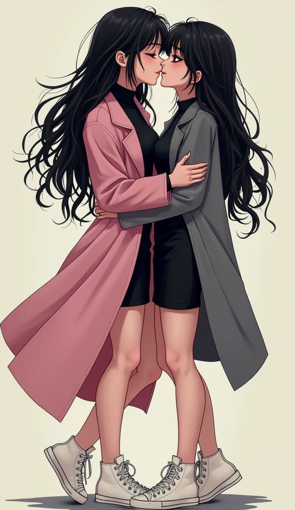 Two young womens, long black hairs, yuri, lesbian

The first young women black eyes wear a pink coat, black shirt, black pencil skirt, black underpants, black tights, white socks, white sneakers high top.

The second young women black eyes wore a grey coat, black shirt, black pencil skirt, black underpants, black tights, white socks, white sneakers high top.

french kiss, lesbian kiss, kissing, hugging, sensual body, closed eyes, insert hand into under black pencil skirt, cartoon novel, 4K, HD