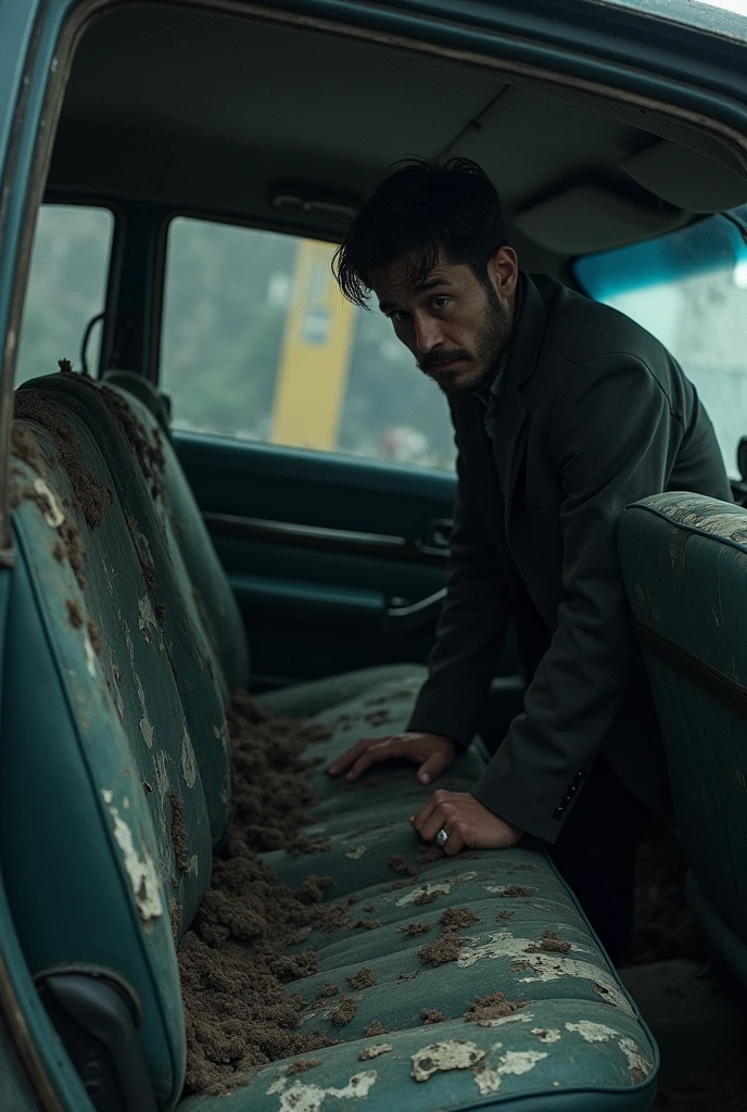Make a picture of the inside of a car where the seats are full of holes and broken parts and next to it there is a sad or crying man.