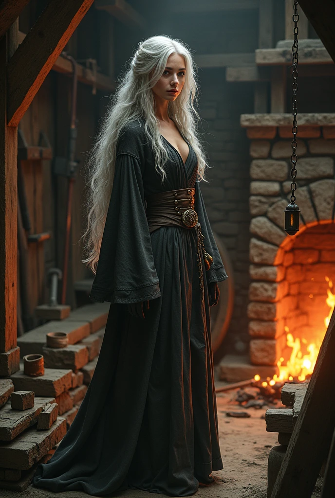 Tall girl with long silver hair and large amber eyes, in medieval blacksmith&#39;s robes