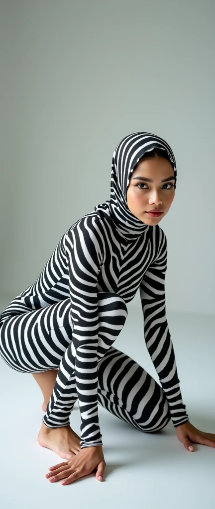 The most beautiful,thin,most pretty and clever Malaysian muslimah adult girl wears plains zebra lycra turtleneck unitard catsuit covered with stripes.She always wear plains zebra lycra dancewear stretchy hijab covered with stripes.She is crawling.
