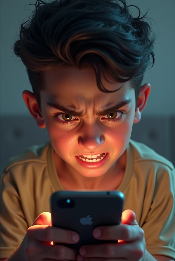 playing a mobile game with angry facial expression