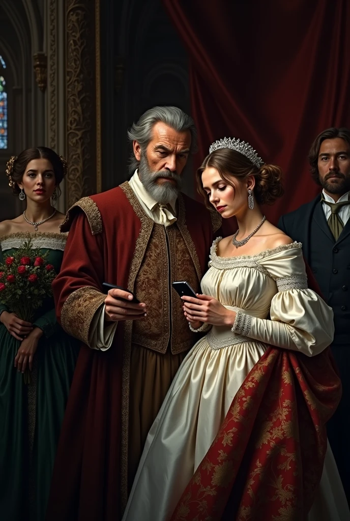 Renaissance wedding with sad young bride wearing white dress holding cellphone and rich old man