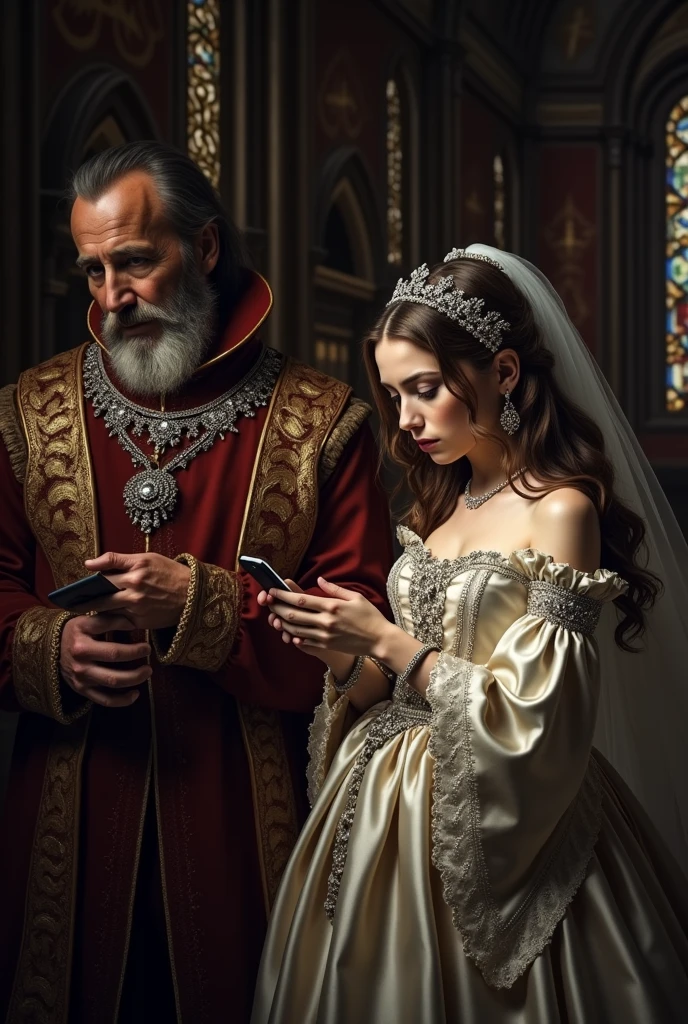 Renaissance wedding with sad young bride wearing white dress holding cellphone and rich old man